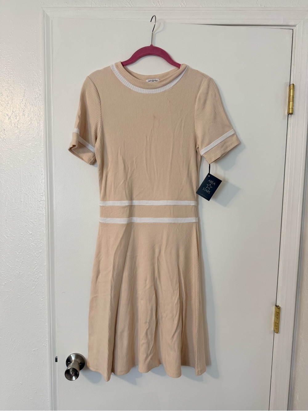 Area Stars Cream Ribbed Fit-and-Flare Dress with White Trim